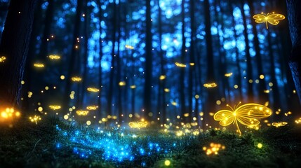 Obraz premium Enchanted Forest with Glowing Butterflies and Magical Lights at Night