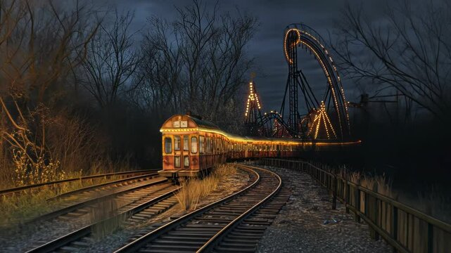 An abandoned train car adorned with lights near a roller coaster in a desolate landscape.