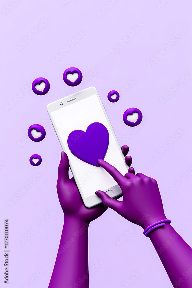 Poster purple hand interacts with a smartphone displaying a large heart surrounded by smaller heart