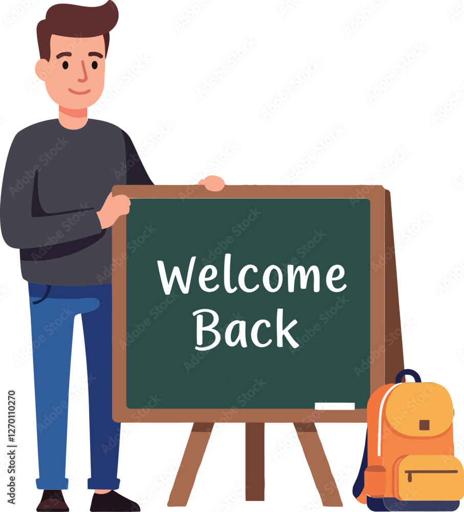 Poster student holding chalkboard with text in minimal vector art style