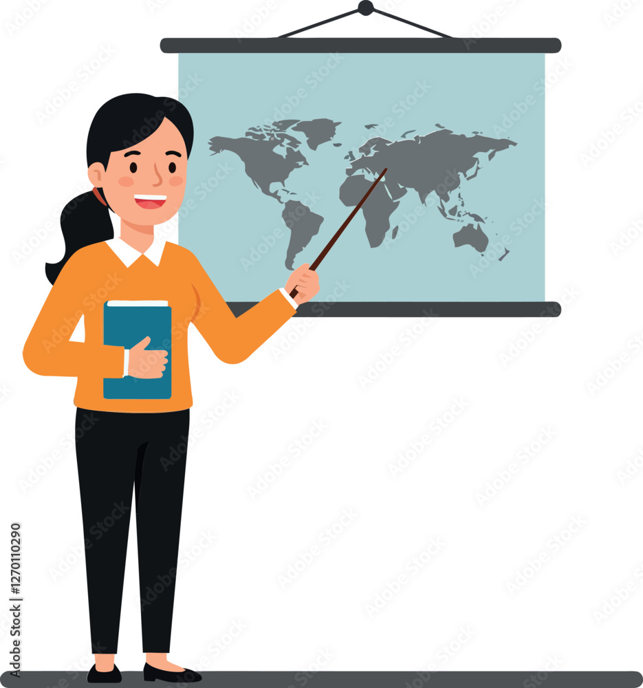 Poster woman presenting a world map with pointer in flat vector art
