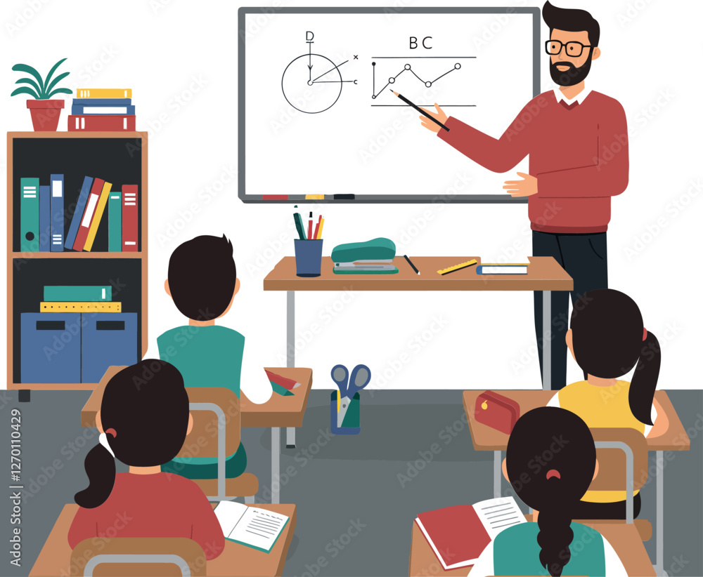 Poster teacher presenting math concepts in a classroom setting flat vector art