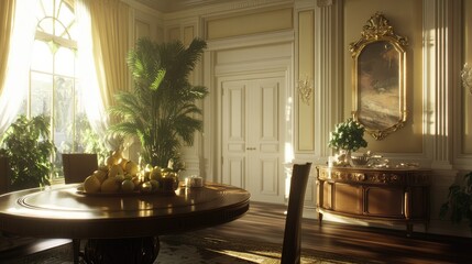 A casual breakfast corner with a round wooden table, fresh fruit, and a beautiful centerpiece