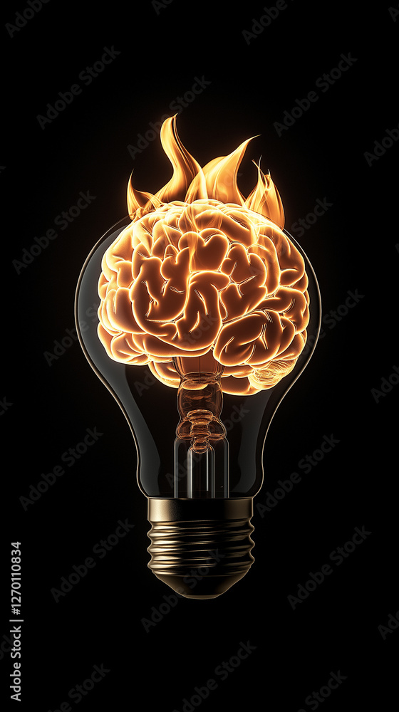 Poster burning brain inside light bulb generating innovative ideas
