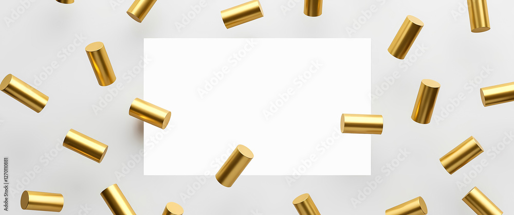 Poster numerous golden cylinders float around a central white rectangle creating a minimalist and luxurious