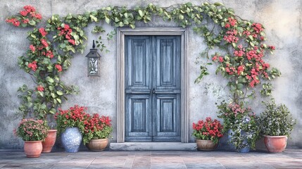 Fototapeta premium A charming cottage entrance with ivy climbing around the doorway, a decorative lantern, and floral pots