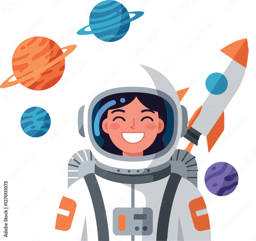 Poster cheerful astronaut in space with colorful planets and rocket vector art