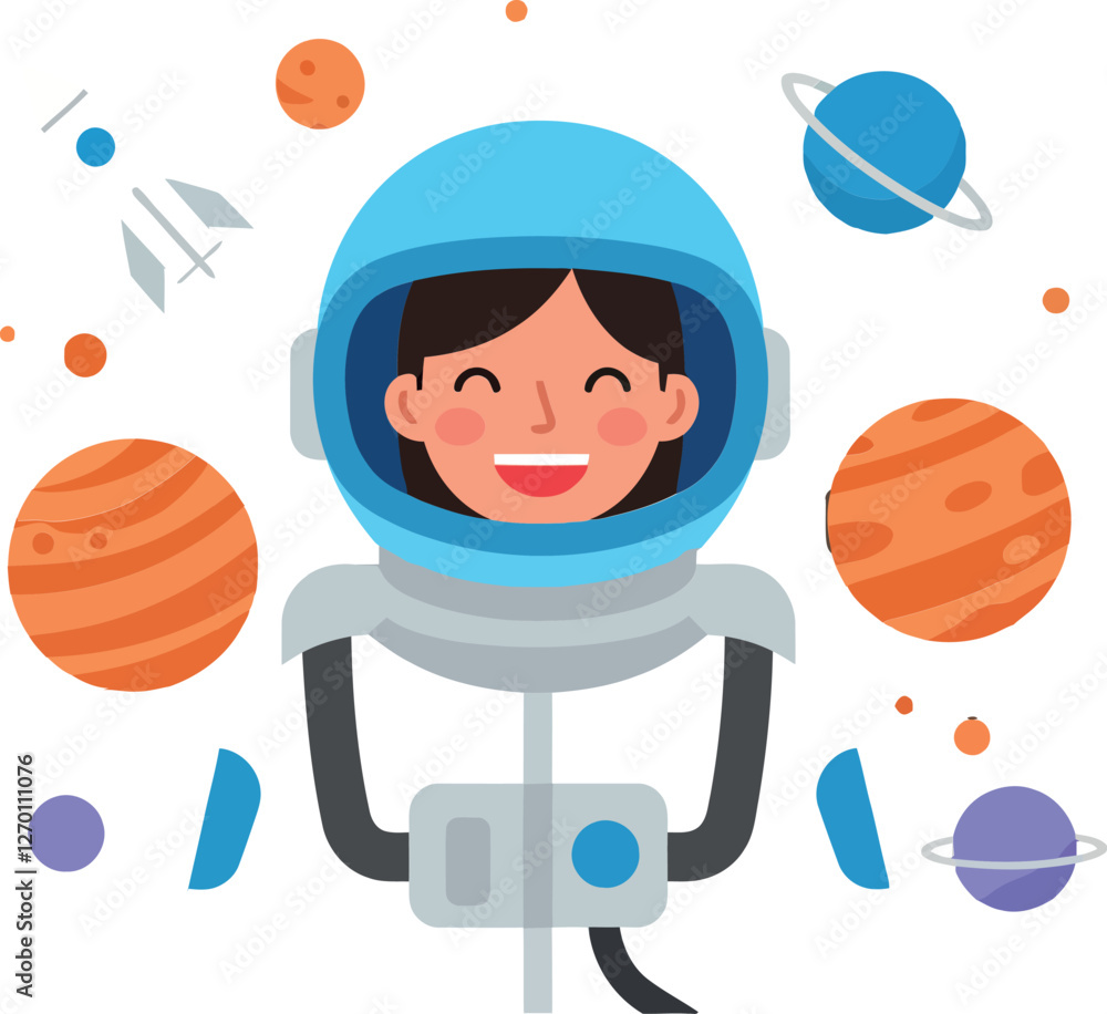 Poster astronaut character smiling in space, flat design vector art