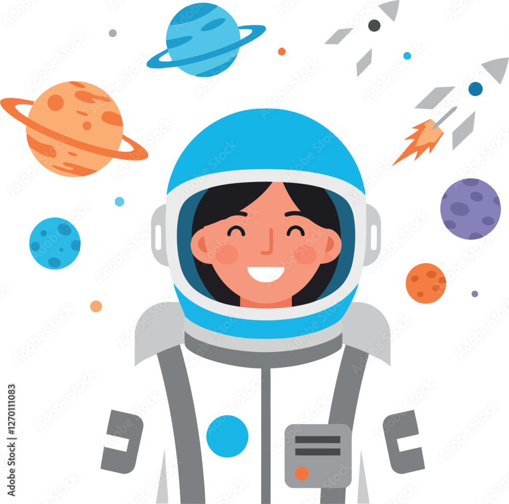Poster astronaut smiling in space with planets and rockets flat vector art