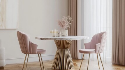 A chic round dining table with a marble top, gold legs, and plush seating in a stylish home