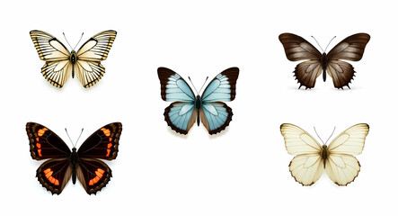 five diverse butterflies with various colors and displayed against a white background