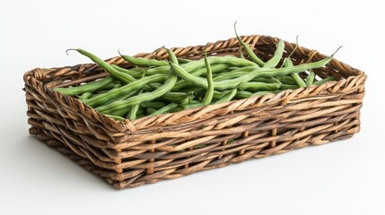 Obraz premium High-resolution image of freshly picked green beans in a handcrafted basket, earthy tones and sharp focus on natural textures