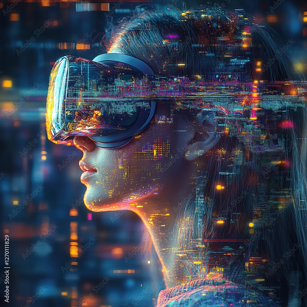 Poster exploring virtual reality technology immersive experiences digital realm interactive content futuris