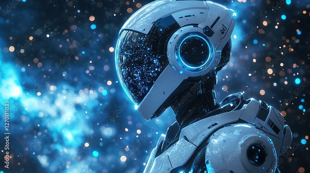 Poster futuristic robot character cosmic space digital art sci-fi environment side view advanced technology