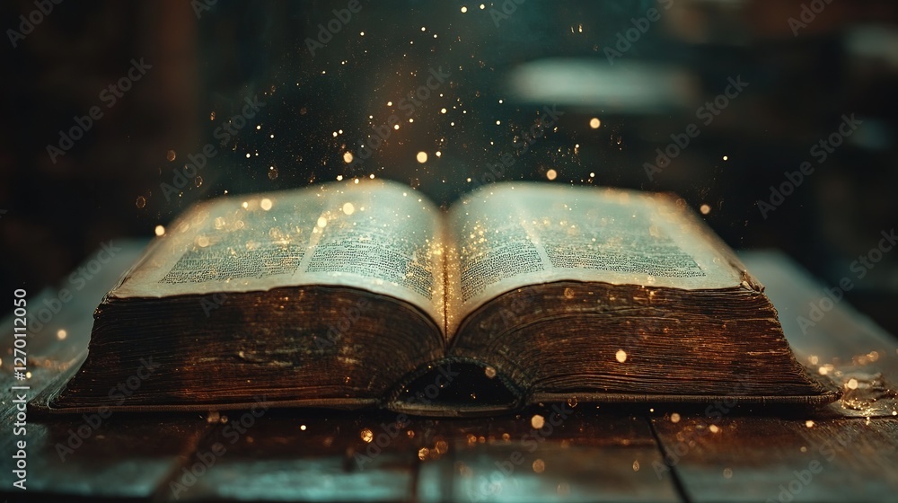 Poster exploring ancient wisdom through an open book mystical library magical scene dim lighting enchanting