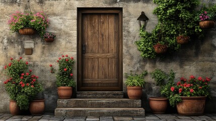 Fototapeta premium A cozy entrance with a wooden door, rustic stone steps, and hanging flower baskets on both sides