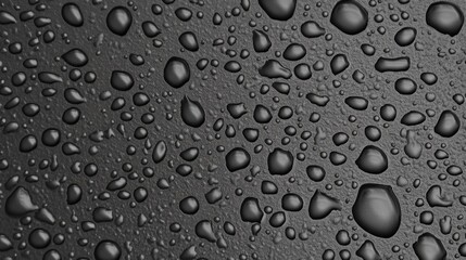 Delicate water droplets rest on a sleek, dark surface, catching the early morning light. Their varied sizes create a striking visual contrast, enhancing the beauty of simplicity in nature