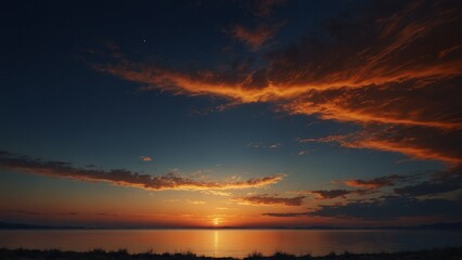 Beautiful sunset over calm water with vibrant clouds and reflections in the serene background