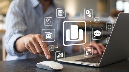 Person using laptop with digital communication and business icons