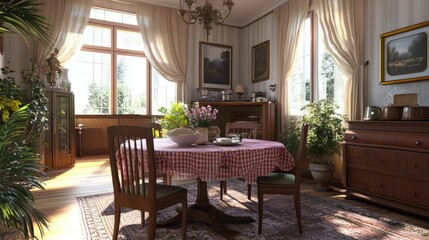 Obraz premium A cozy round dining table with a checkered tablecloth, rustic chairs, and a welcoming atmosphere