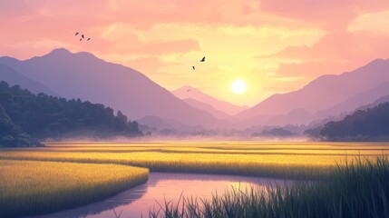 Fototapeta premium Serene Sunset Over Golden Rice Fields and Misty Mountains Landscape