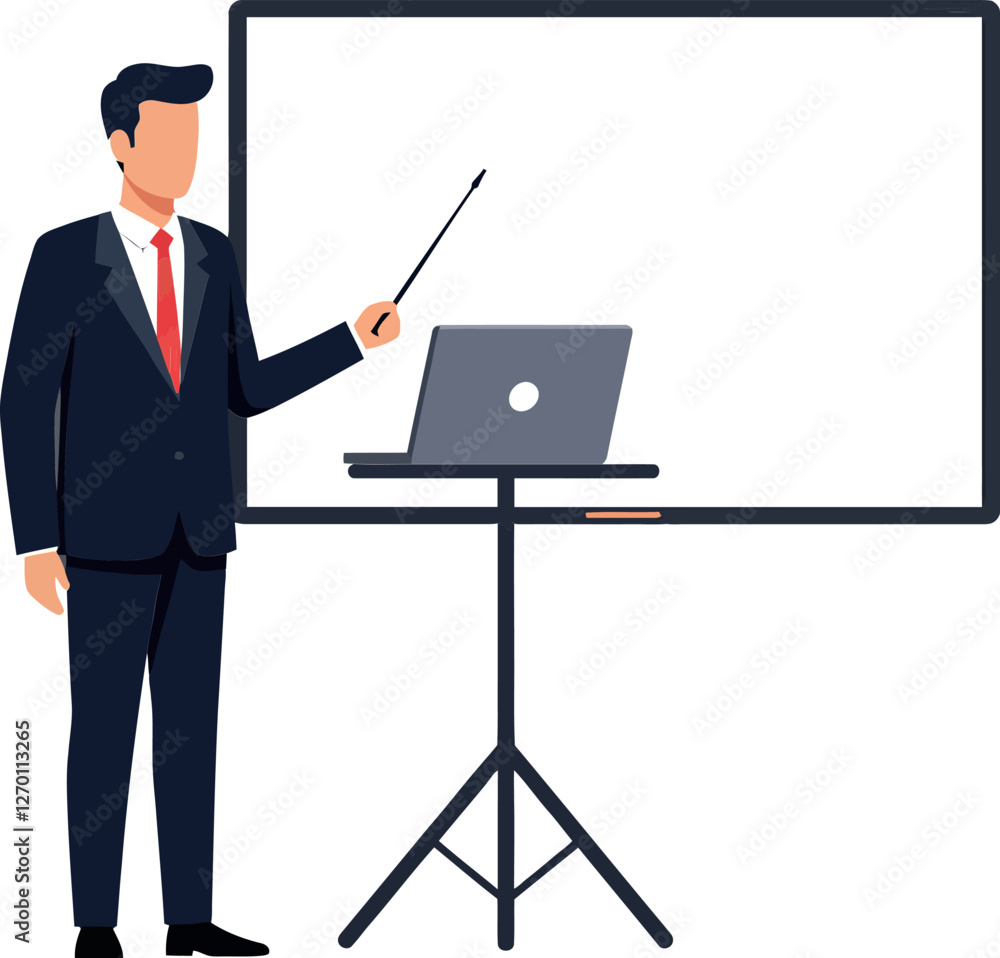 Poster professional presenter with pointer and laptop in flat vector art