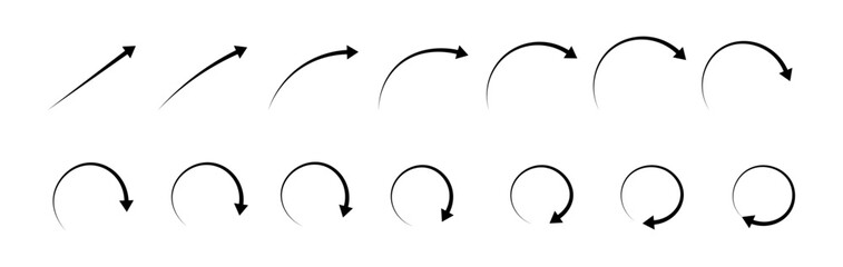 Black arrows set. Curved arrows. Arrow sign set.