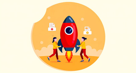 two women collaborate to launch a red symbolizing progress and achievement