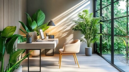 A modern home office with a minimalist desk, a tabletop water fountain, and calming green plants