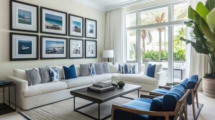 A modern living room with a collage of framed family vacation photos creating a sense of togetherness