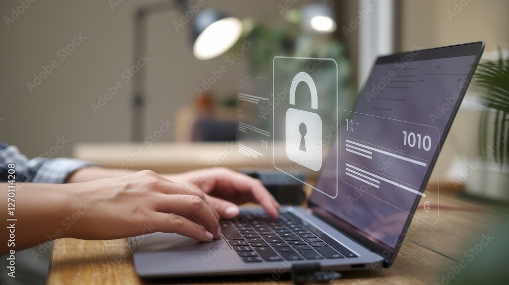 Poster a person is using a laptop with security interface overlayed
