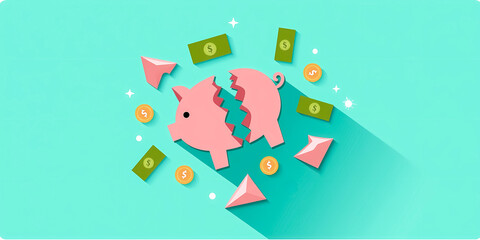 broken piggy bank with scattered money symbolizing financial breakthrough