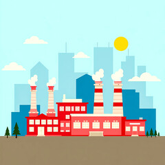 Obraz premium red factory complex against city skyline under bright sun