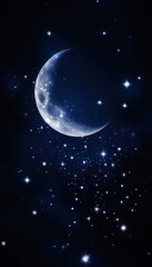 Crescent moon amidst starry night sky with sparkling stars