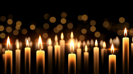 Lit candles glow in dark; bokeh background; remembrance