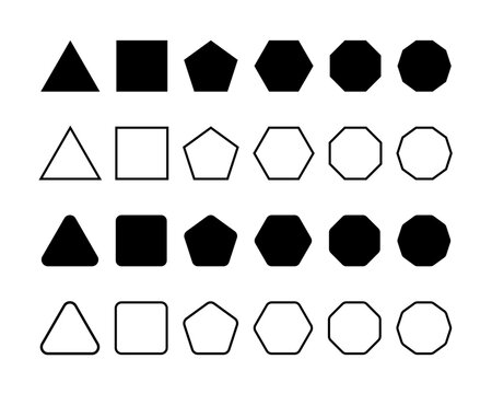 Set of simple geometric forms with sharp and rounded corners. Triangle, square or squircle, pentagon, hexagon and octagon shapes isolated on white background. Vector graphic illustration.