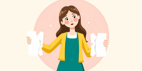 Obraz premium young woman in a yellow cardigan and teal dress holds crumpled papers looking thoughtful and uncertain.