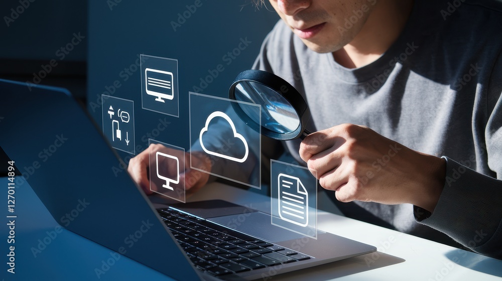 Poster man analyzes data on laptop using a magnifying glass