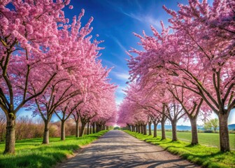 Obraz premium Semicircular alley of blossoming cherry trees, a floral dream under the spring sky.