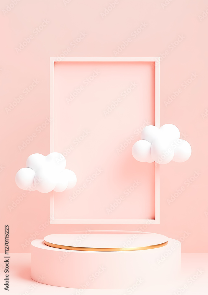 Poster minimalist product display with clouds and pink frame
