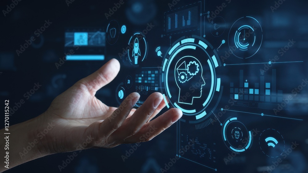 Poster hand displaying a futuristic hologram interface for artificial intelligence
