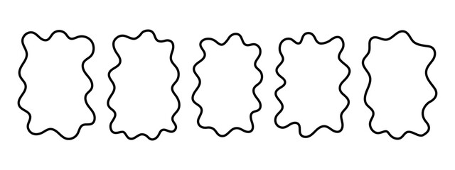 Cute doodle wavy frames. Abstract wiggly psychedelic forms. Speech bubbles, tags, text boxes or labels templates isolated on white background. Vector outline illustration.