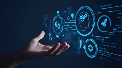 Hand reaches out toward floating digital interface elements