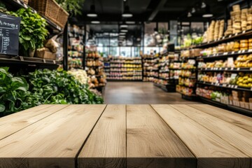 Fresh Produce Display in Modern Grocery Store with Wooden Tabletop in Foreground