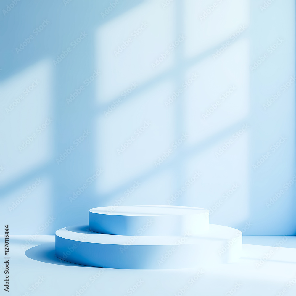 Poster two pale blue cylindrical platforms creating a simple display