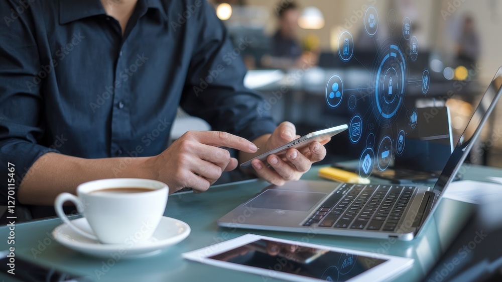 Poster man uses digital technology for work while enjoying coffee
