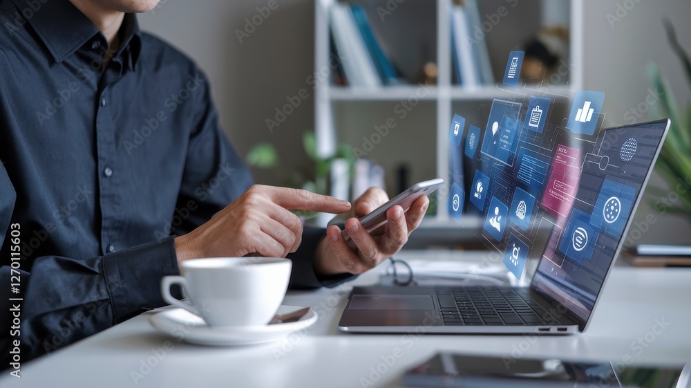 Poster person interacts with futuristic digital interface using a smartphone
