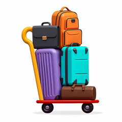 colorful luggage cart with stacked backpack briefcase and suitcases