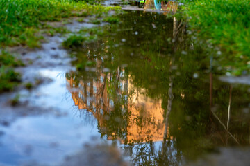Reflections in a puddle after rain in an urban park setting