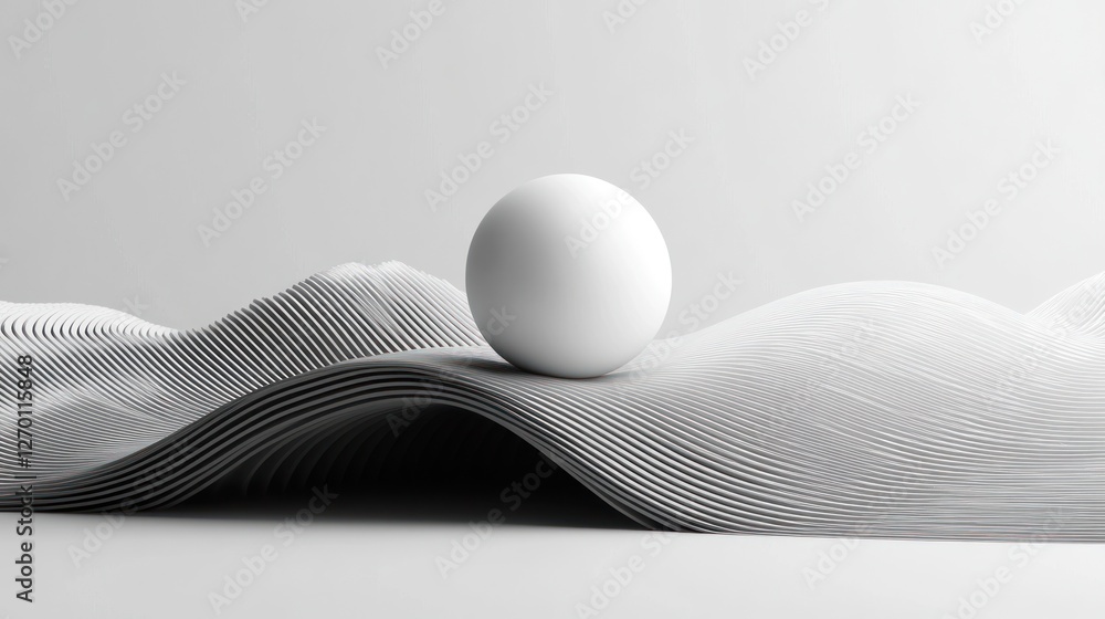 Poster minimalist abstract design: white sphere on wavy layered structure